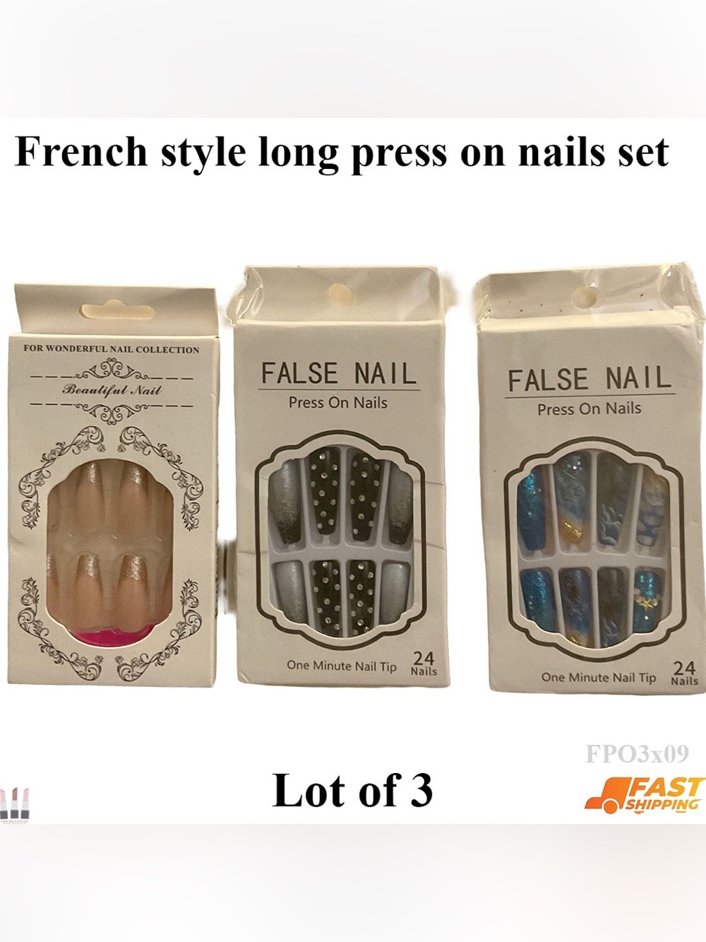 French style long press on nails set lot of 3